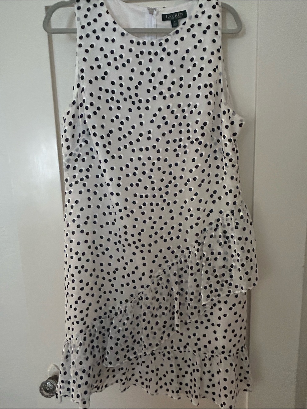 Ralph Lauren White and Black Polka Dot Asymmetrical Ruffle Dress. Size 16.